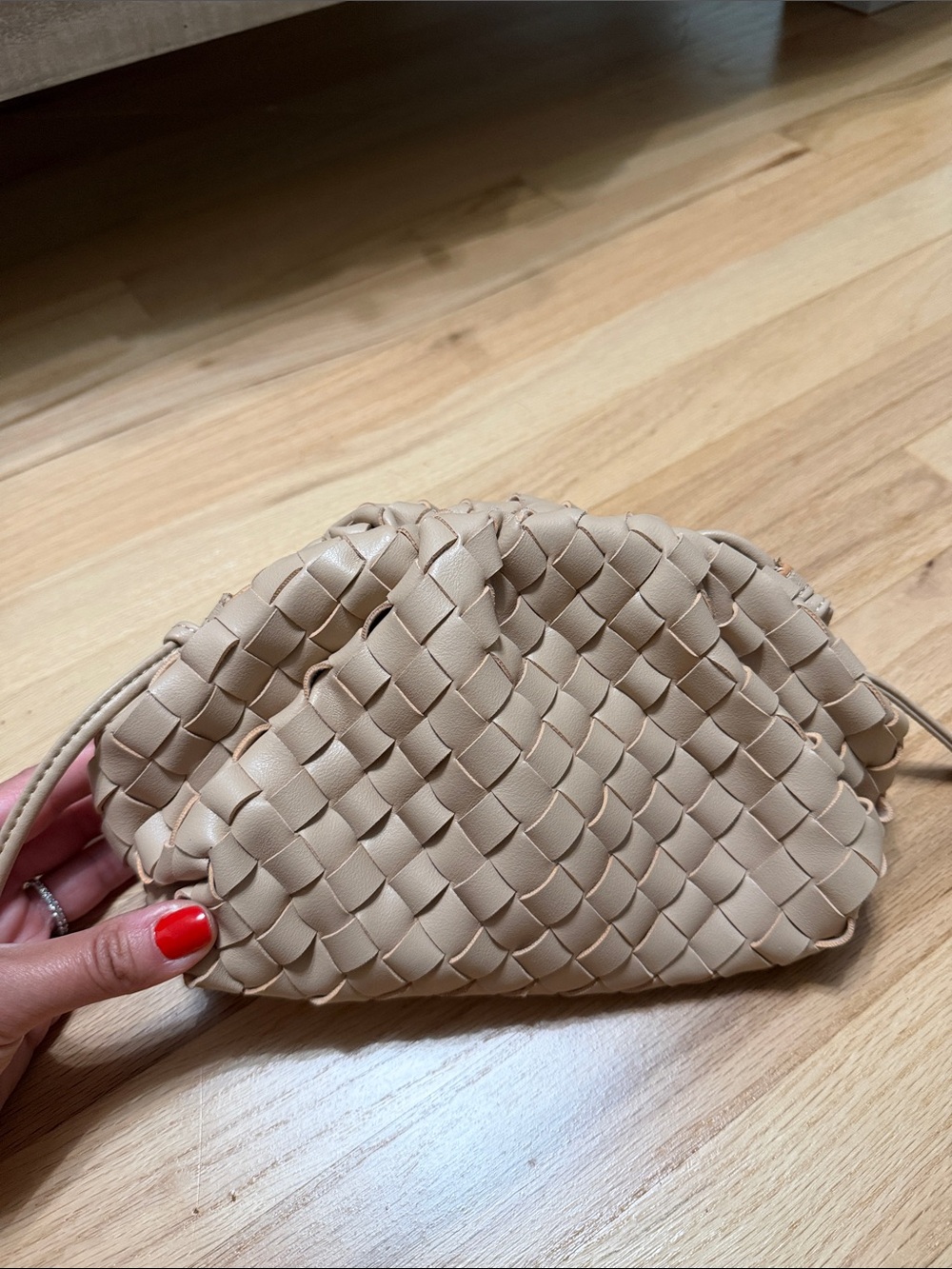 Woven Leather Crossbody Pouch in Beige